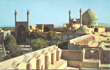 Featured is a postcard image of Central Asia, specifically the mosques of Isfahan, Iran.  The original unused postcard, which was a 1940s promotional piece for Pan Am's Jet Clipper service, is for sale in The unltd.com Store.  